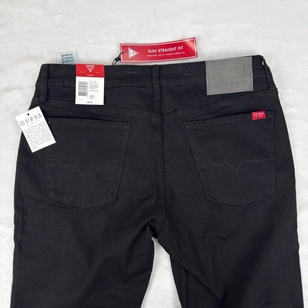 Guess Lincoln Slim Straight Fit Jeans Mens 36x30 Black Wash Stretch Red Tab New